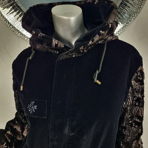 NWT~$2590~MR & MRS ITALY~S/M~BLACK VELVET SEQUIN HOODED PARKA COAT NO FUR